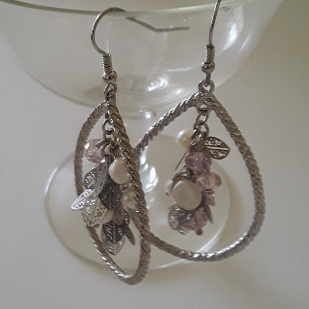 Sillvertone Beaded Oval Hoop Earrings